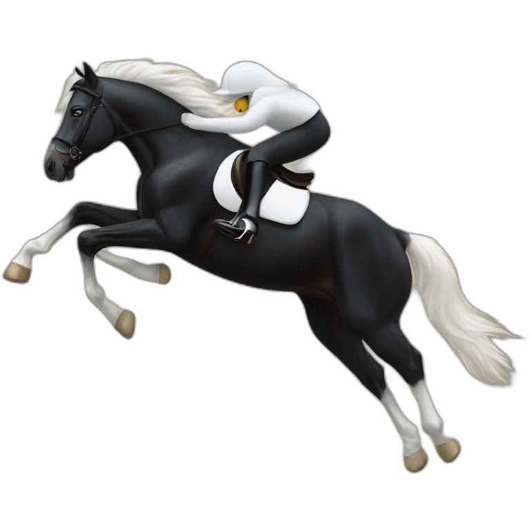 a BLACK HORSE JUMPING AN OBTACLE, THE HORSE HAS A WHITE BLAZE AND THREE WHITE SOCKS emoji