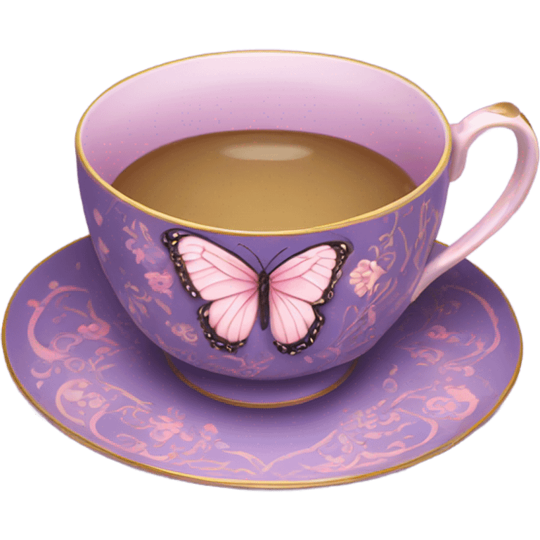 A delicate butterfly with pastel pink wings, resting on the edge of a purple porcelain teacup adorned with intricate violet floral patterns. emoji