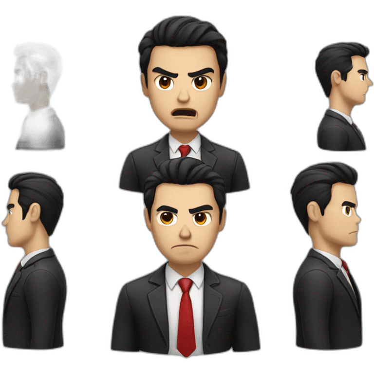 Boss, white skin, black hair, brown eyes, black jacket with red tie. angry emoji