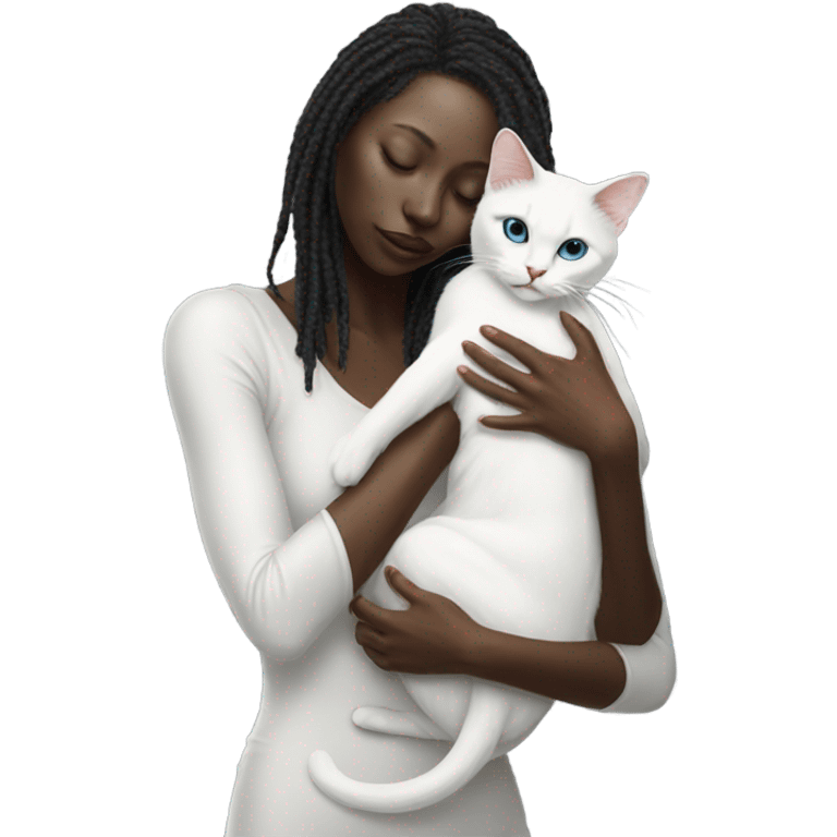 Photo realistic, alien female, kissing and embracing white cat, emoji