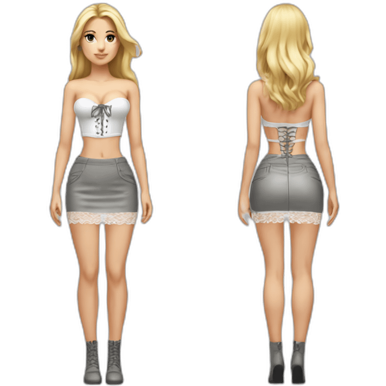 hyperrealistic caucasian female, long straight blonde hair, white lace up bustier, grey mini tight skirt, body view emoji