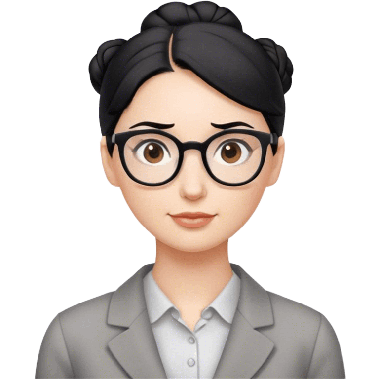 pale teacher with black hair in a bun, with brown eyes, wearing gray glasses emoji