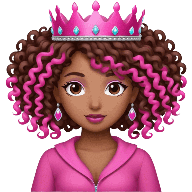 Brown girl diva long curly hair with pink crown emoji