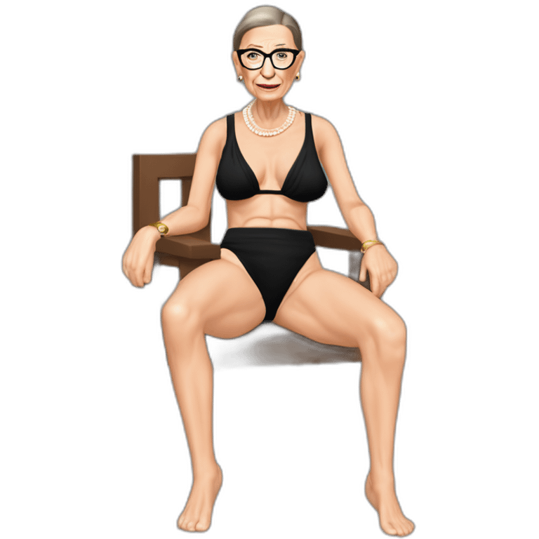 sexy ruth bader ginsburg wearing string bikini with crotchless bikini bottoms bare chest (full body, ios17, sitting legs apart) emoji