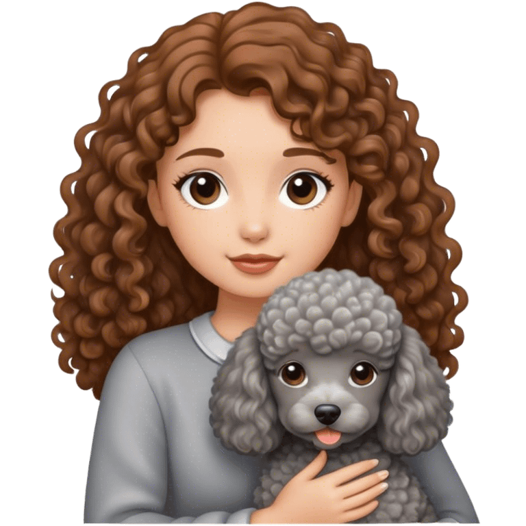 A girl with caramel brown hair holding a grey poodle emoji