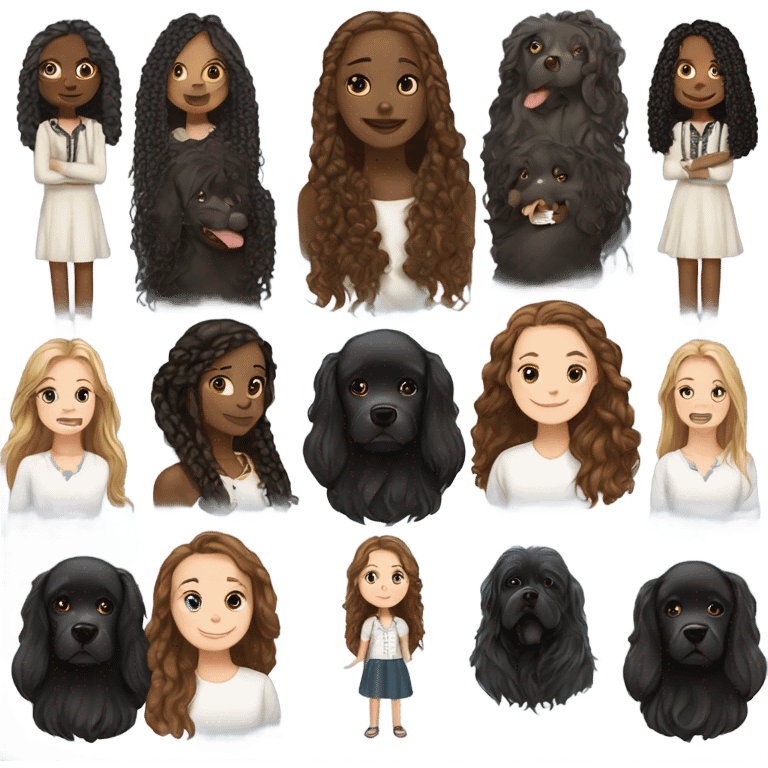 white girl with long brown hair and black girl with long braids both play with black Newfoundland  emoji