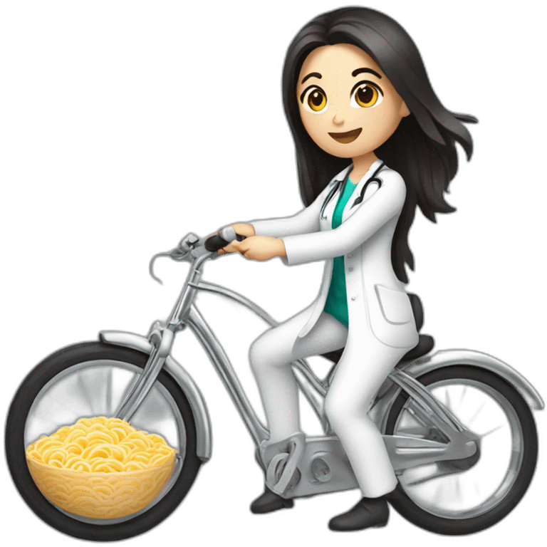 long and dark hair female doctor riding a chrome bicycle with a ramen bowl in her hand emoji