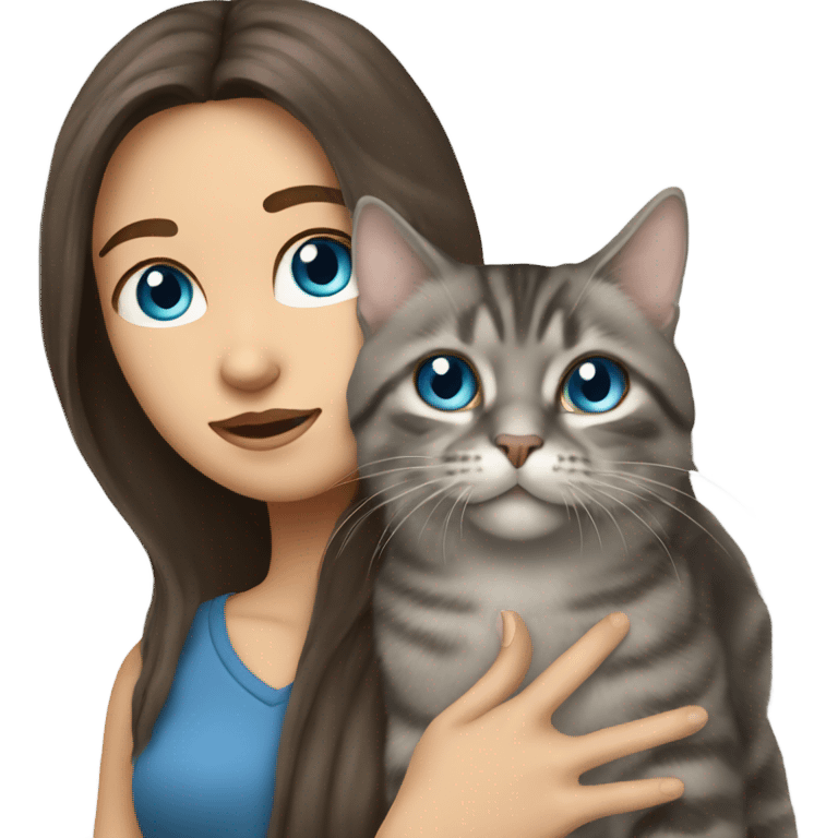 long haired brunette girl with blue eyes holding grey tabby cat emoji