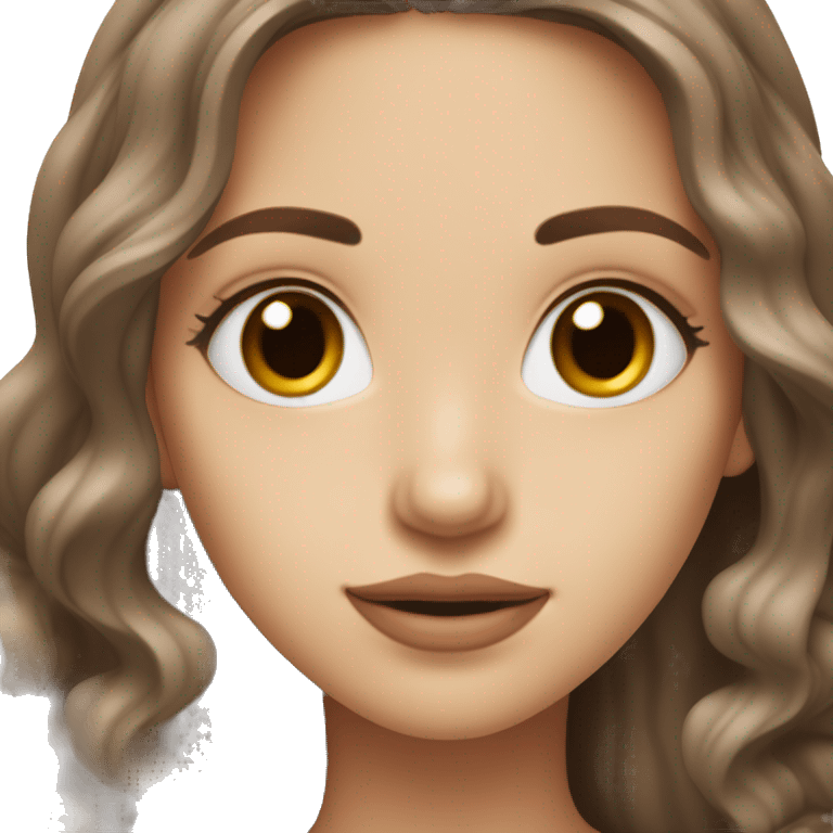 Beautiful girl with white skin, brown eyes, brown, long, wavy hair , red mouth ￼ emoji