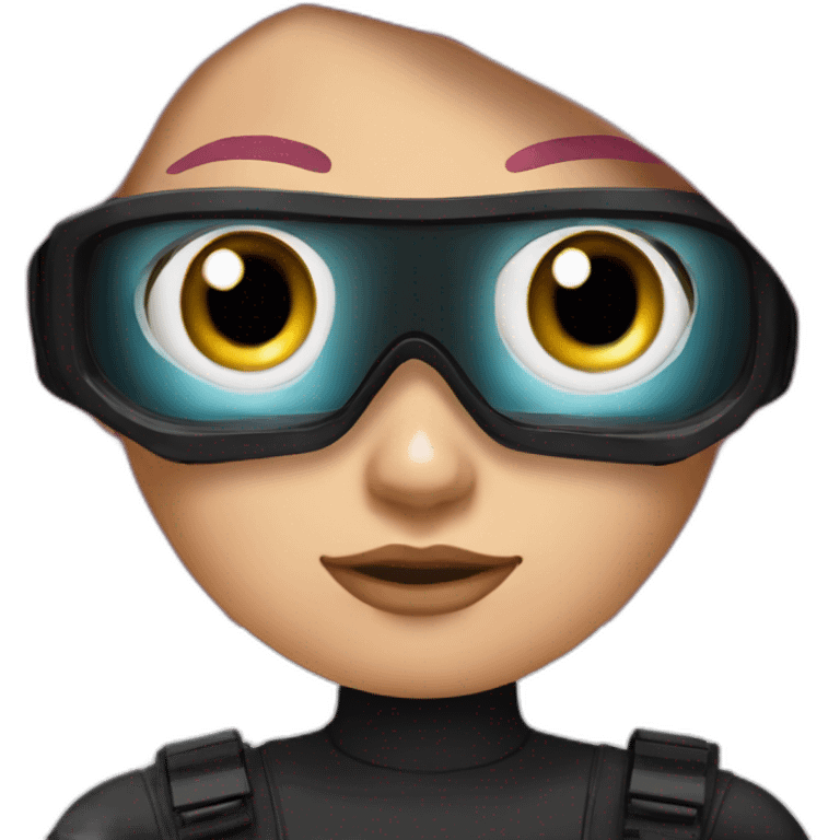 woman with blues eyes, large and straight brown hair, pink diving mask with a single crystal. underwater black suit emoji