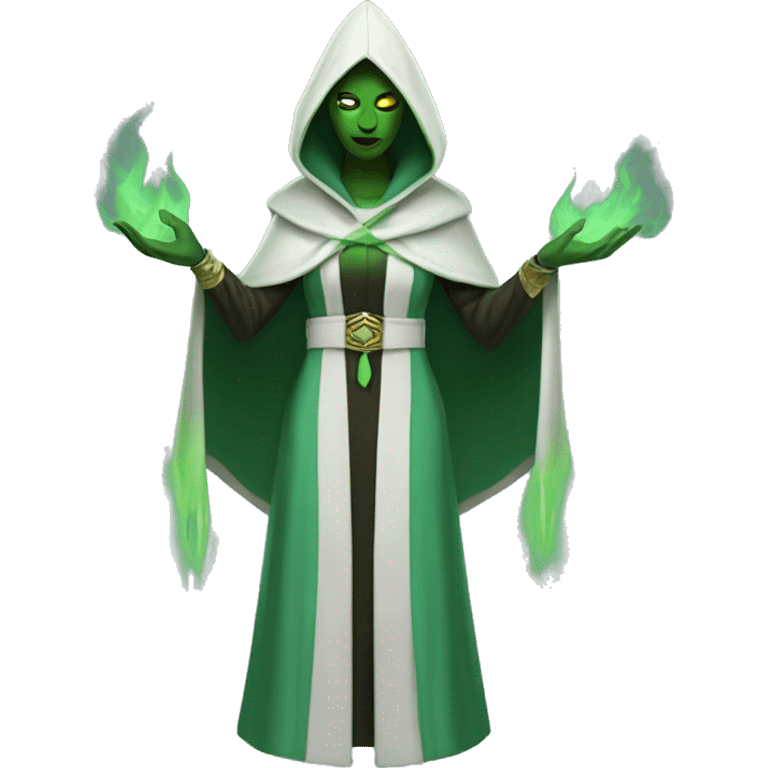 female hooded ritual leader presenting green flame with hex BDFF6D. make robes matching emoji