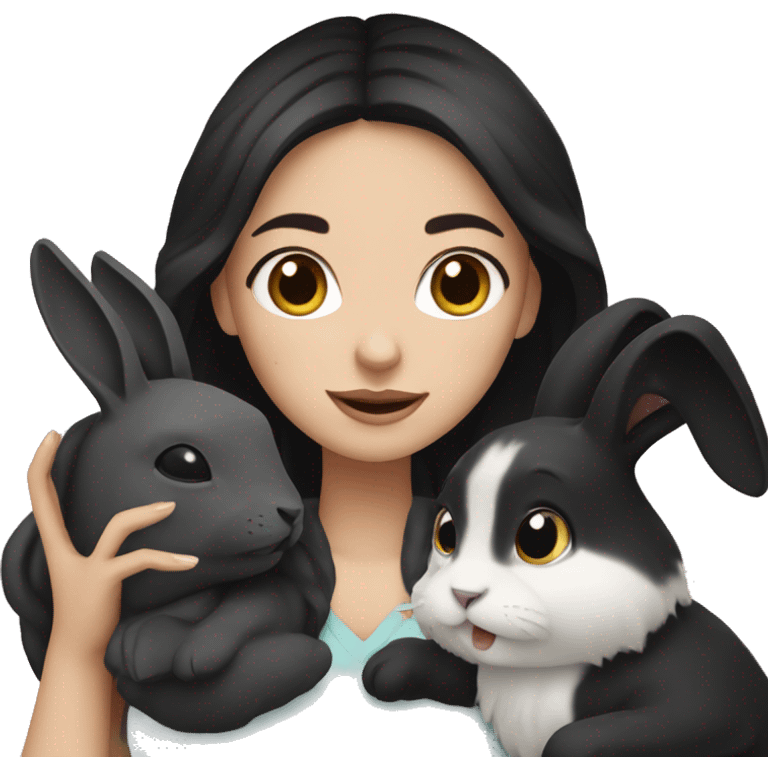 White girl with black hair holding a black rabbit  emoji