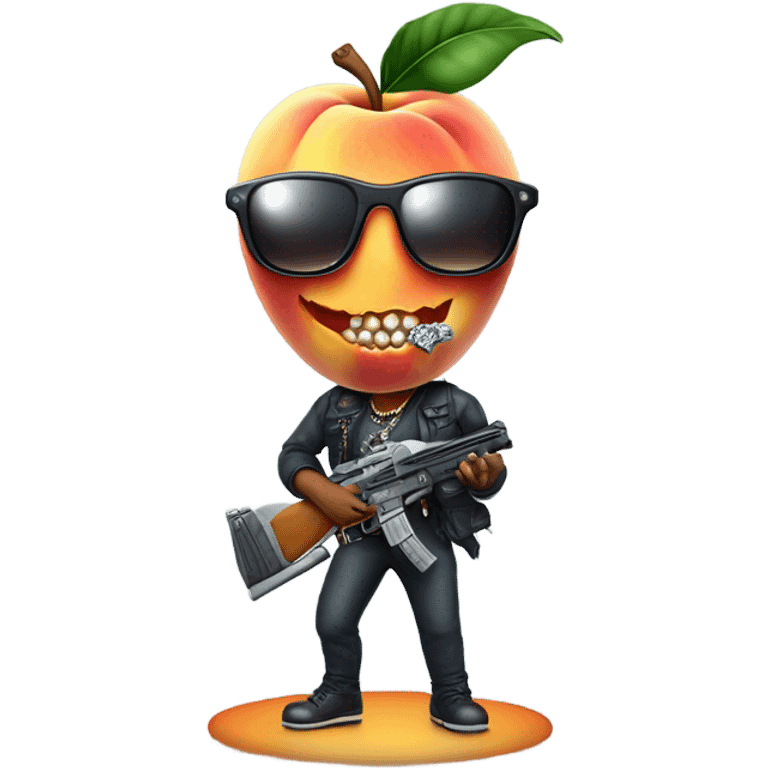 Humanoid Peach, wearing sunglasses holding gun, with diamond teeth emoji