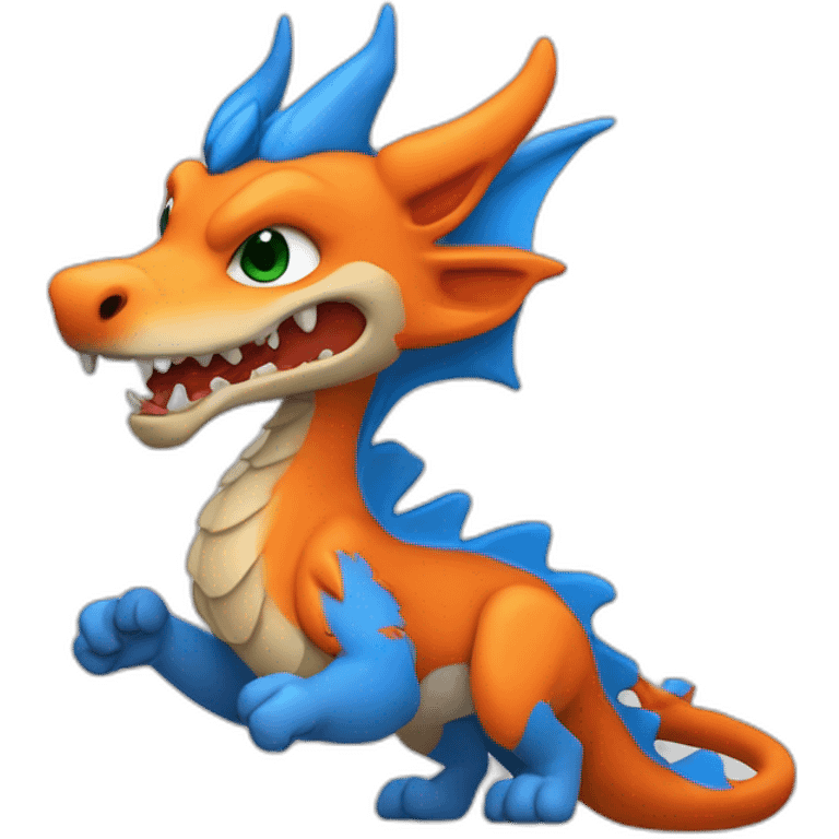 Un dragon mi loup avec des corne de bélier orange moutard. il est de la couleur rouge, bleu, blanc et orange moutardes. Il qui crache du feux emoji