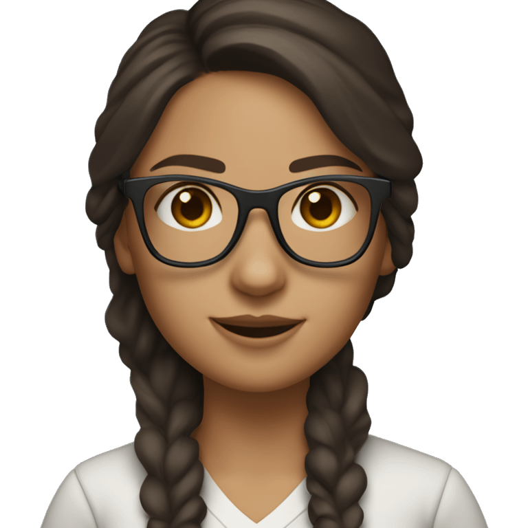 character with lightly tanned fair skin,  She is wearing wayfarer-style glasses with a black upper frame and has small gold hoop earrings.  brown hair,blue eyes. Her dark brown hair The character is a female IT developerworking with a MacBook
 emoji