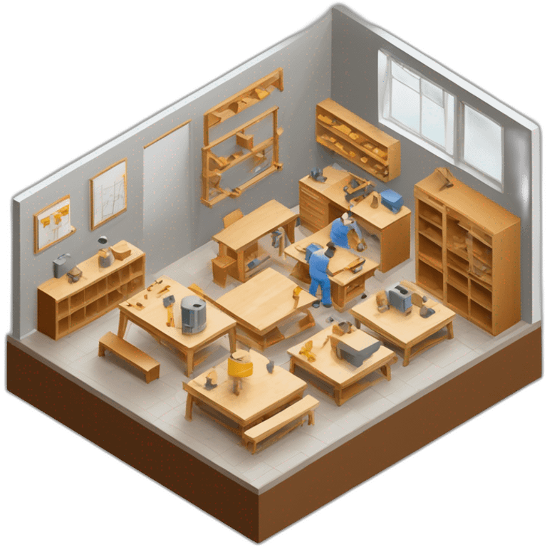 isometric square transparent solid outline border containing indoor creative workshop handmade woodworking factory people actively working cnc machine tools simple clean industrial brutalist emoji