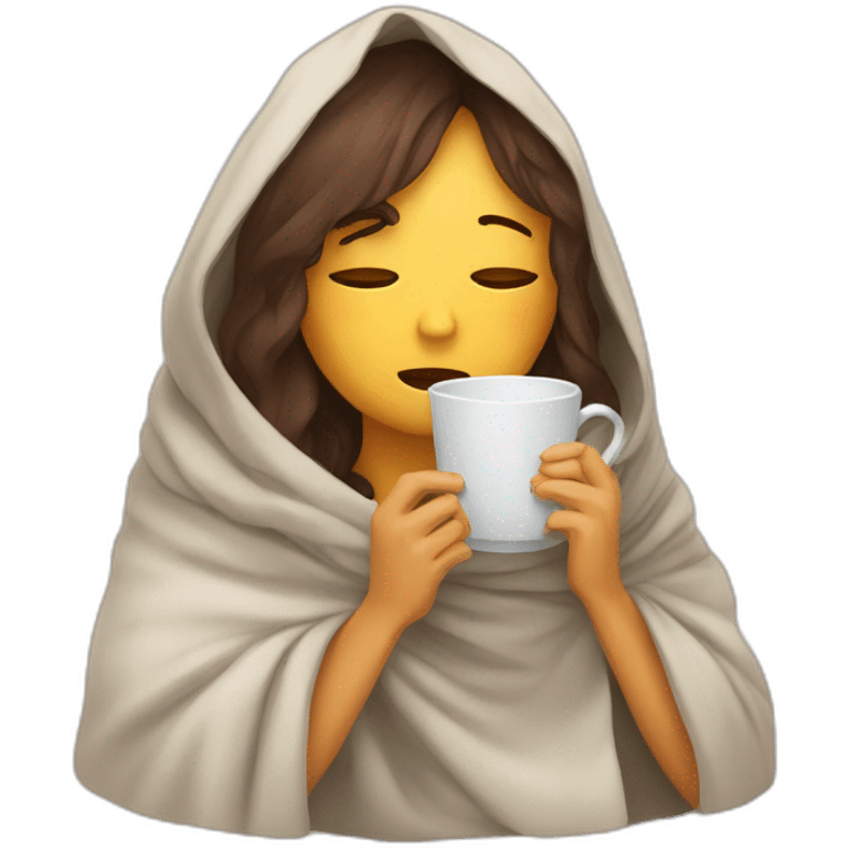 sad and tired woman sitting under blanket with hot tea emoji