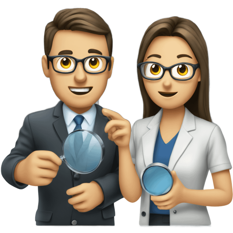 Two IT auditors (man and woman) inspecting server with magnifying glass emoji