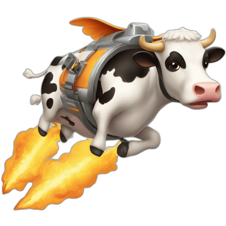 side-on view of cow flying to space while wearing a jetpack that is emitting flames, legs being pushed back by the wind emoji