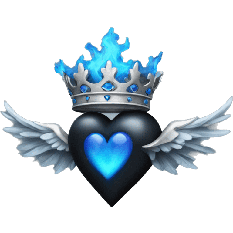 Black colored heart with wings and blue flames and a silver crown emoji