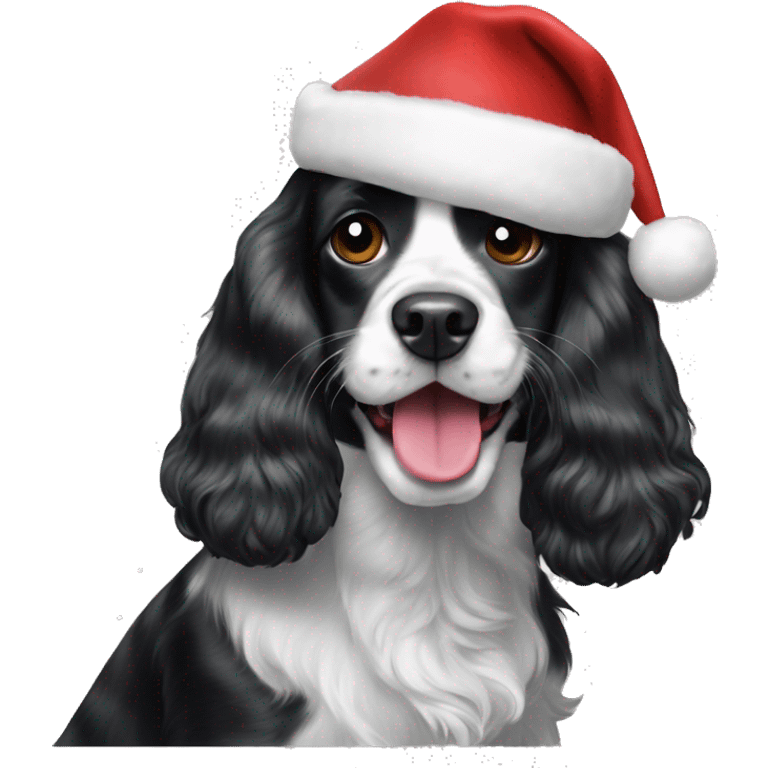 Black and white cocker spaniel with Christmas hat tongue out emoji