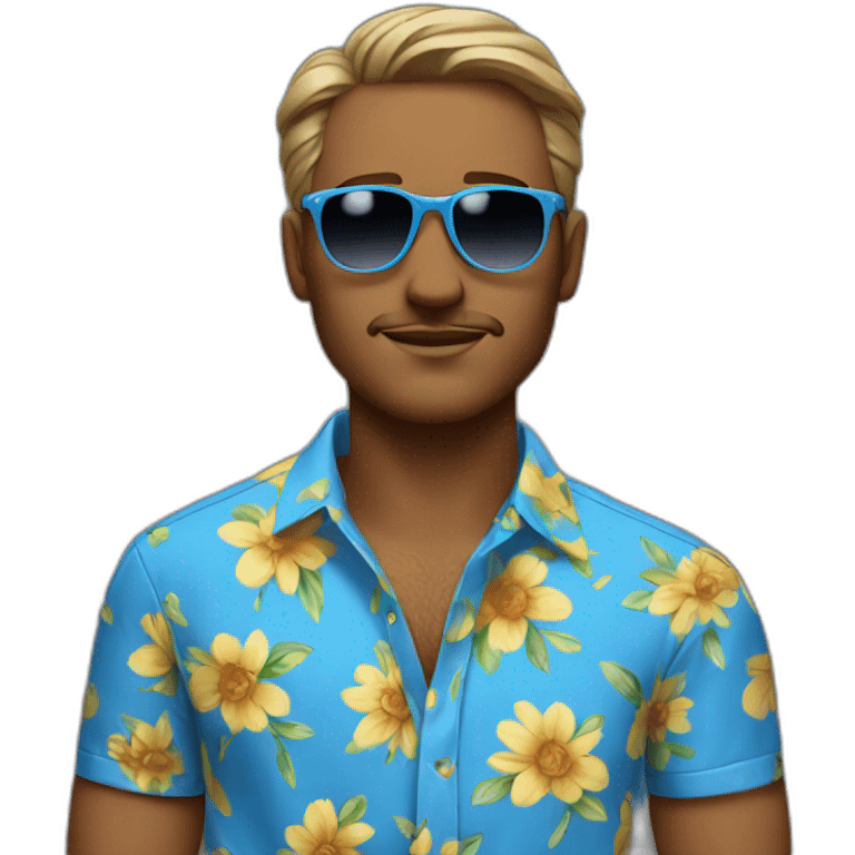 Man with blue flower shirt an sunglasses lookin away emoji