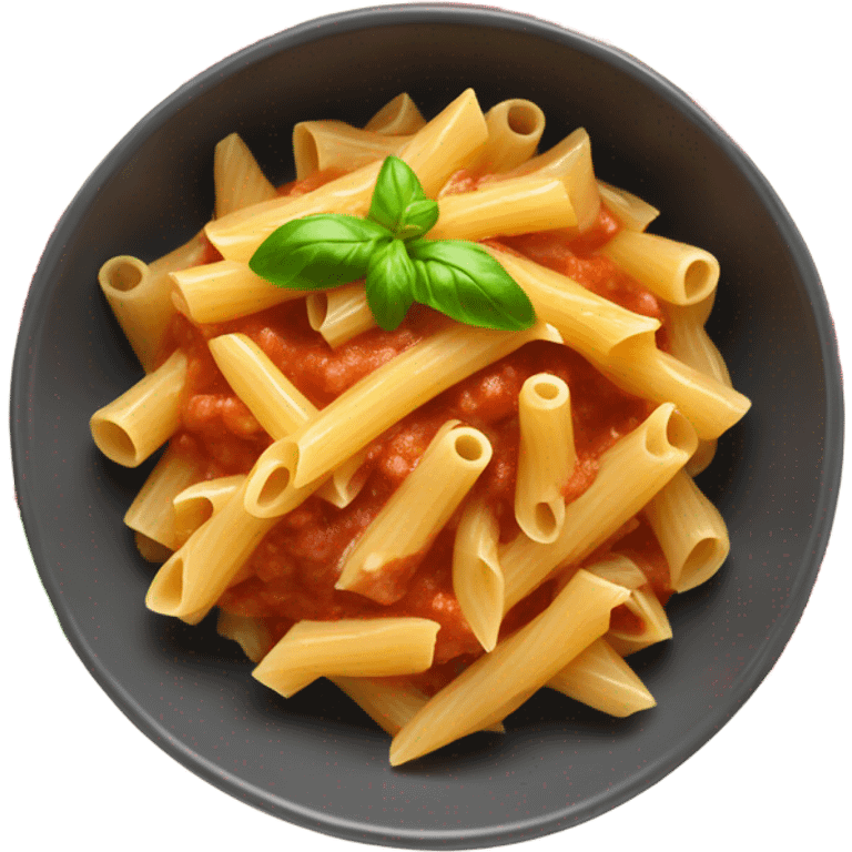 a bowl of italian pasta in red sauce topped with fresh basil emoji