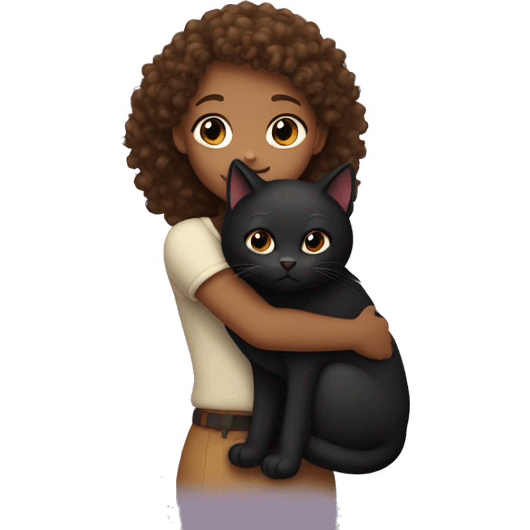 A brown skinned curly haired girl hugging a black cat  emoji