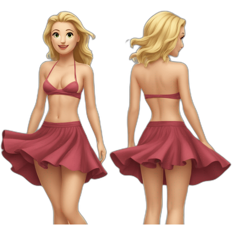 full body back view curvy caucasian-beauty-in small wide skirt lifted by the wind bikini emoji