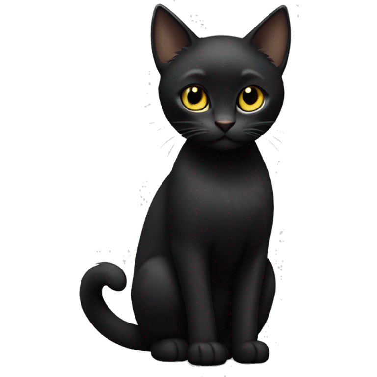 Petite, solid black cat with sleek short fur, light yellow eyes, and small black tufts of pointed hairs at the very tips of he ears only, blending in with her black fur. Full body, no white markings emoji