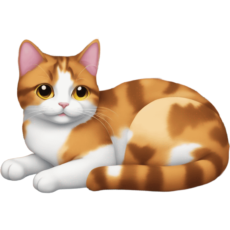 Calico cat lounging on colorful rug emoji