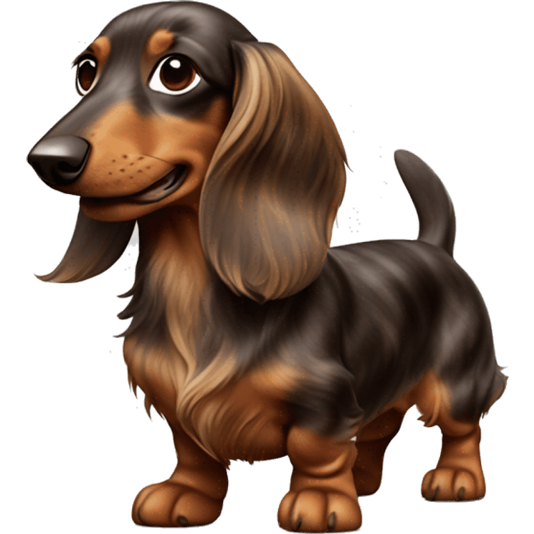 cheerful long-haired brown marble dachshund in full height on the side emoji