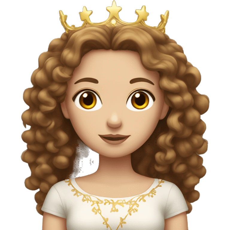 White girl with long brown curly hair wearing a crown emoji