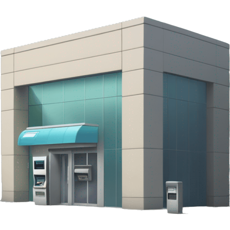 Small bank building with a modern design, glass entrance, and an ATM outside. The scene is set on a quiet street with a few parked cars nearby. emoji