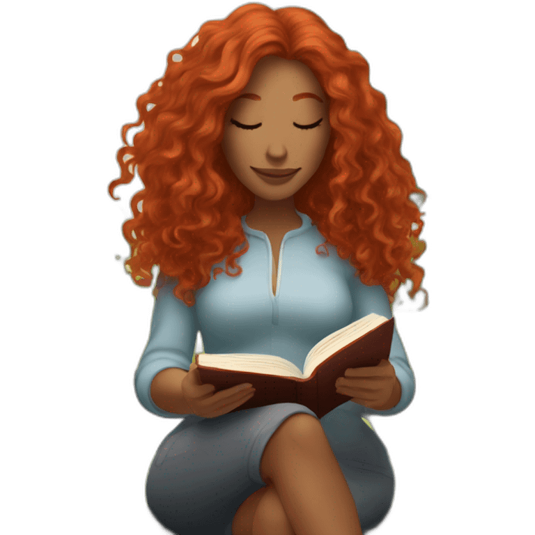 woman with long curly red hair reading a book with a glass of wine in a park emoji