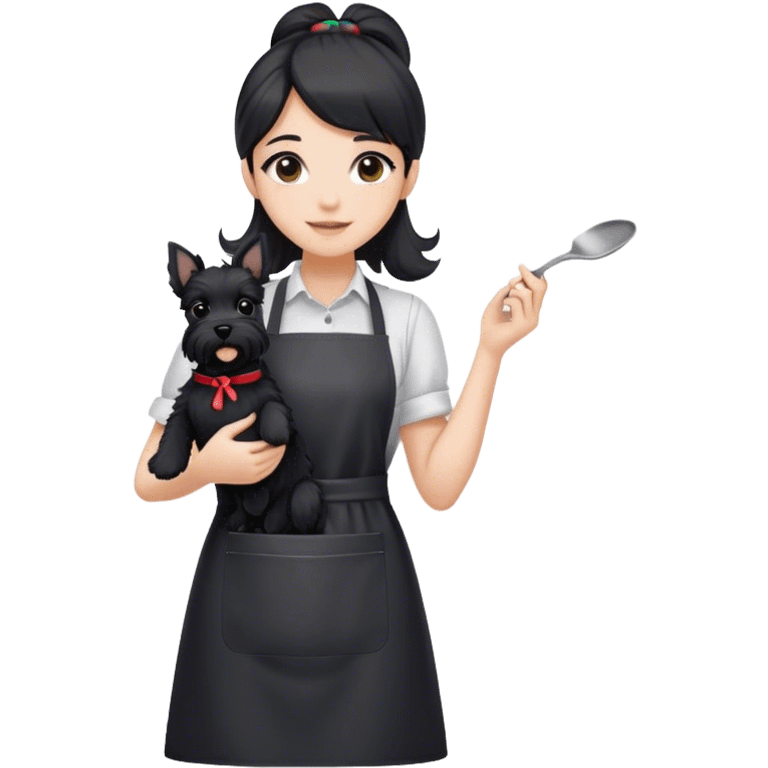 pale smiling girl with long back hair wearing black long shirt wearing apron holding black  schnauzer emoji