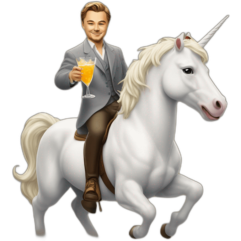 Leonardo DiCaprio smiling, raising a glass of cocktail and riding a white unicorn emoji