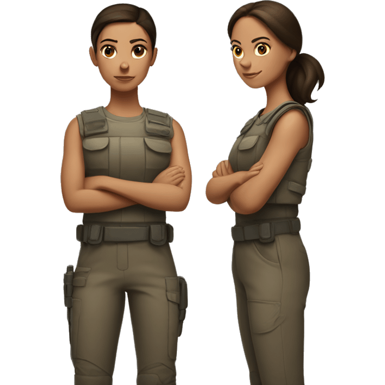 Brunette sisters standing back to back with arms crossed ready for combat emoji