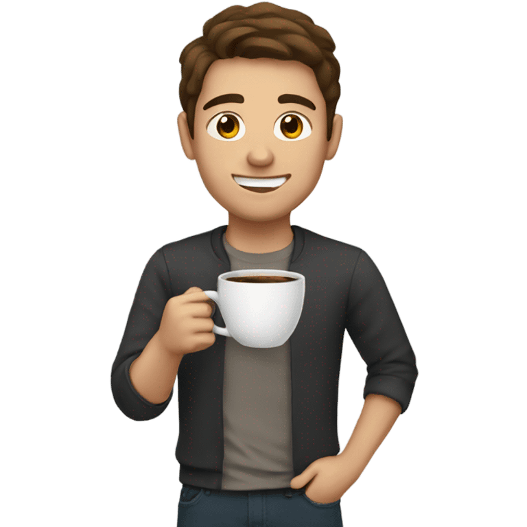 male with brown hair with coffee emoji