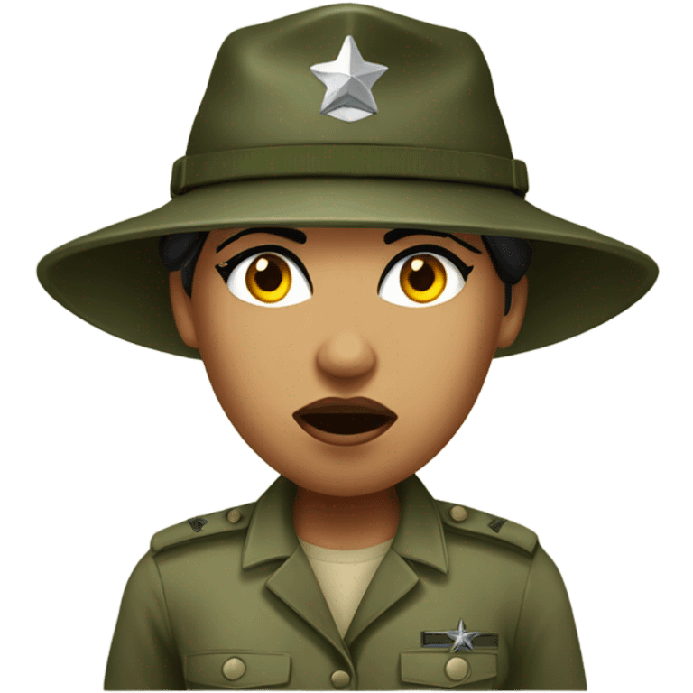 a female drill sergeant showing full torso wearing a classic sergeant hat and a camouflage army shirt. The character should have an angry intense expression.  emoji