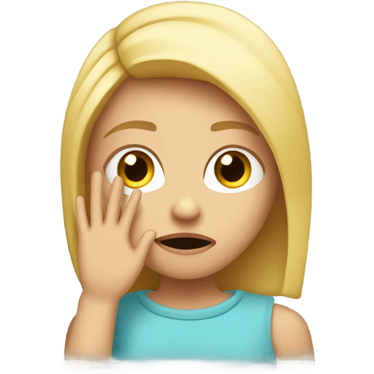 Blond girl covering her eye with hand looking shocked emoji