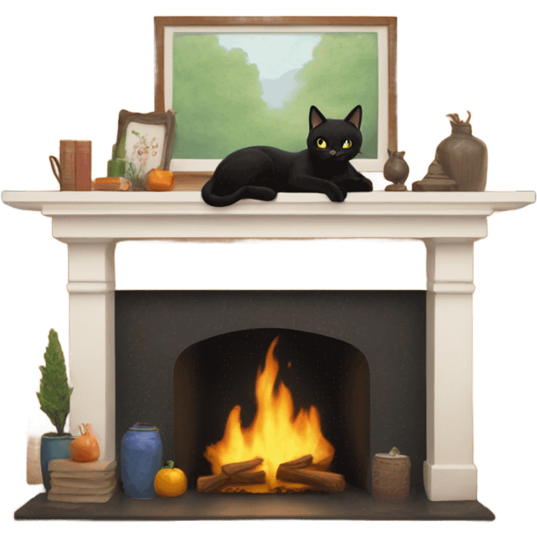 black cat on fireplace mantle emoji