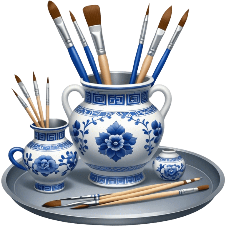 Metal painting icon, a metal vase with intricate designs in Gzhel and Chinese embroidery styles, placed on a metal tray, with three paintbrushes beside it, minimalistic style, clean lines, transparent background. emoji