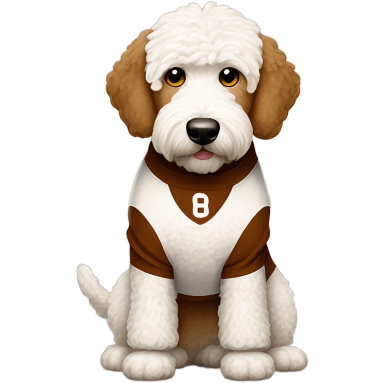 White Goldendoodle in a brown and white Cleveland Brown Football uniform emoji