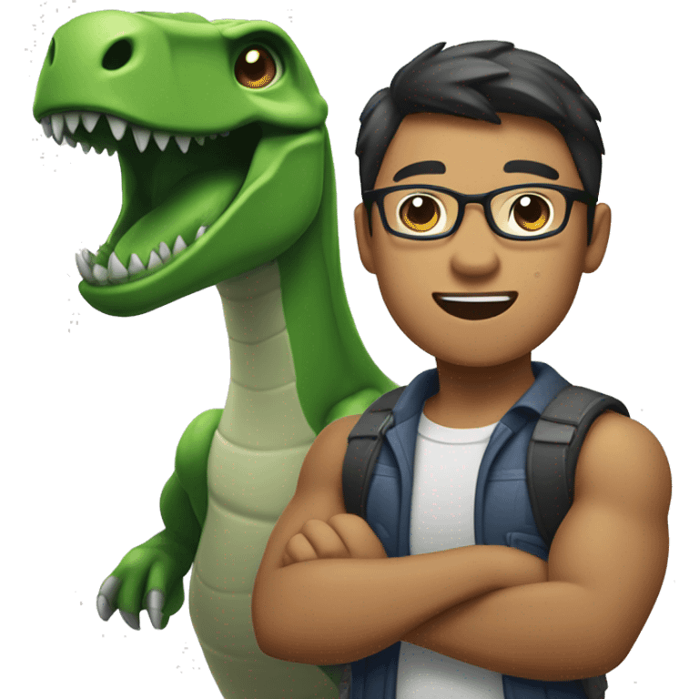 A muscular Asian male engineering student with darker skin tone, wearing glasses, holding a dinosaur in his arms. emoji