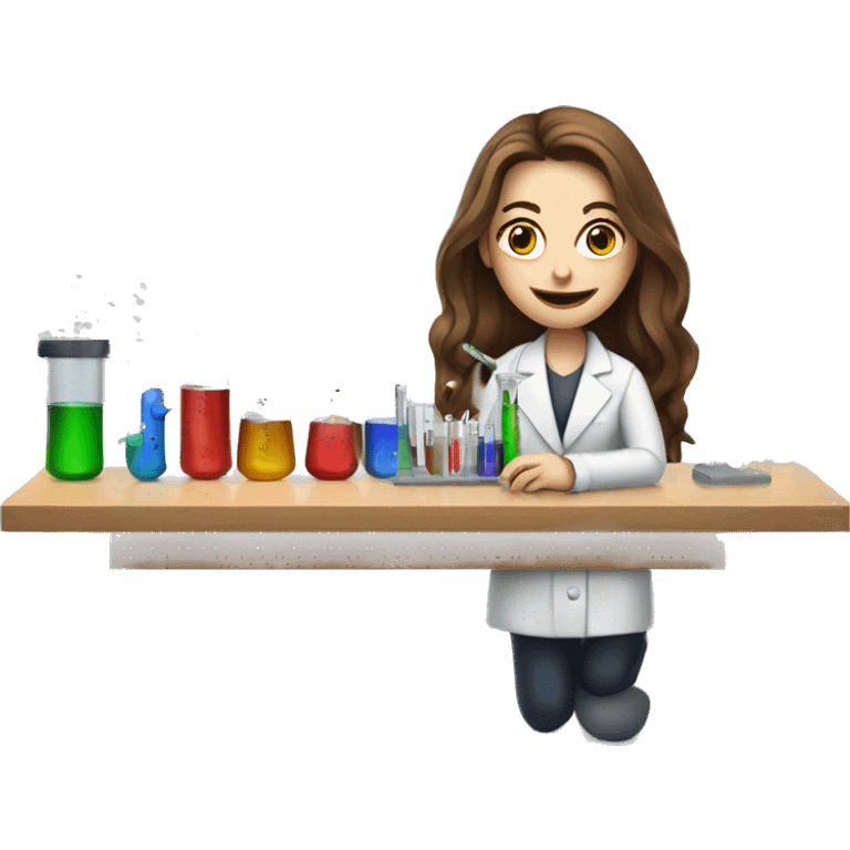 Pale woman with long brown hair at traditional lab bench with beakers and syringes  emoji