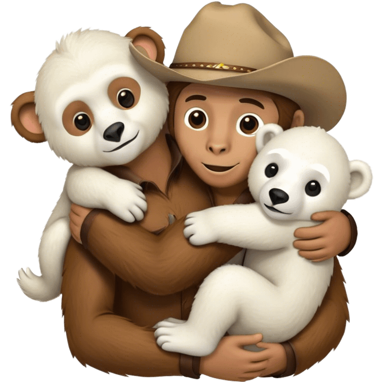 A big monkey, a cowboy, and a polar bear hugging  emoji