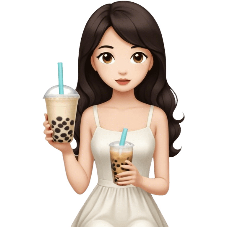 Beautiful woman in 1965’s woman fashion look, white dress, long dark brown hair, bubble tea emoji