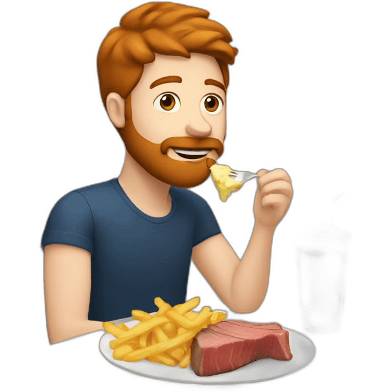 a guy with brown hair and ginger beard eating a large steak with fries and mayonnaise emoji