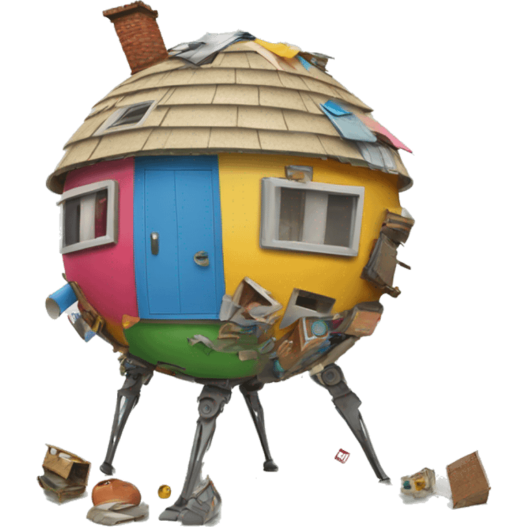 multiple random colored pieces of junk creating a walking circular house on four tall legs  emoji